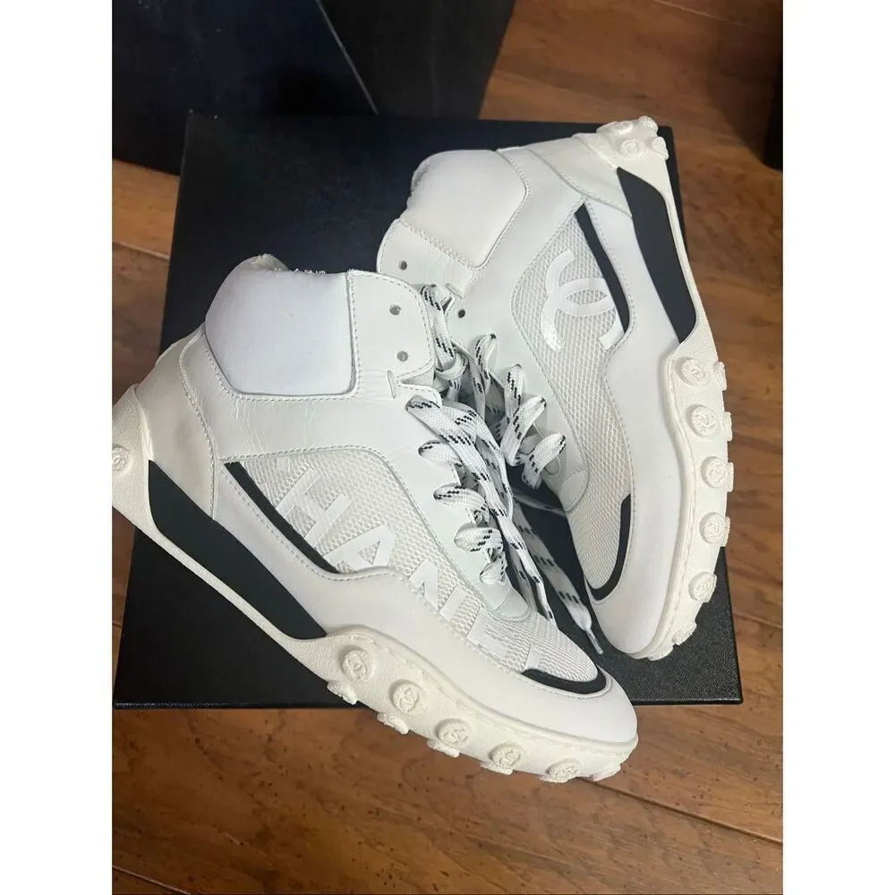 Chanel Calfskin Mesh Lycra Womens Logo High Top Sneakers size 37